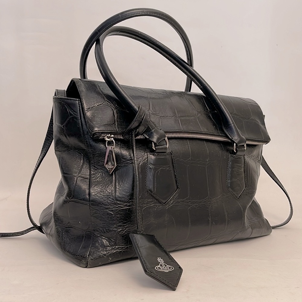 VIVIENNE WESTWOOD "BLK CROCCO TOTE - TRAVEL SIZE - GENTLY USED - SILVER HARDWARE